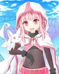  :d black_gloves cityscape cloak gloves highres hood hood_up hooded_cloak kyubey looking_at_viewer magia_record:_mahou_shoujo_madoka_magica_gaiden magical_girl mahou_shoujo_madoka_magica navel open_mouth pink_eyes pink_hair skirt smile tamaki_iroha yamamoto_rintaro 