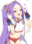  :d artist_name breasts buruma cowboy_shot crop_top double_v fate/grand_order fate_(series) gloves gym_uniform hair_ornament half-closed_eyes long_hair looking_at_viewer midriff navel open_mouth purple_eyes purple_hair red_buruma rkrk shirt short_sleeves sidelocks simple_background small_breasts smile solo sparkle t-shirt twintails twitter_username v very_long_hair white_background wu_zetian_(fate/grand_order) 