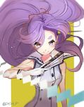  absurdres commentary_request dress fan folding_fan gloves hair_ribbon hatsuharu_(kantai_collection) highres kantai_collection long_hair looking_at_viewer ponytail purple_eyes purple_hair remodel_(kantai_collection) ribbon sailor_dress shide siosiok_02 sleeveless solo very_long_hair white_gloves 