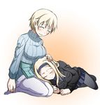  2girls aleksandra_i_pokryshkin blonde_hair blush brave_witches breasts eyes_closed large_breasts multiple_girls nikka_edvardine_katajainen sleeping steed_(steed_enterprise) world_witches_series yuri 