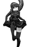 boots dancing elbow_gloves feet_out_of_frame gloves godzilla godzilla_(series) greyscale hair_ornament hairband highres jumping kemono_friends kishida_shiki knee_up looking_to_the_side monochrome motion_lines open_mouth personification shin_godzilla shirt short_hair skirt skirt_hold skirt_set solo tail thigh_boots thighhighs zettai_ryouiki 