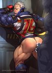  2boys against_wall anal ass blush bottomless cum cum_in_ass cum_while_penetrated cumdrip erection gloves large_penis lucio_(overwatch) luxuris male_focus multiple_boys muscle overwatch penetration penis scar sex silver_hair solder:_76_(overwatch) sweat yaoi 