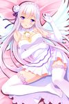  angel_wings bashen_chenyue blush breasts cleavage elbow_gloves emilia_(re:zero) eyebrows_visible_through_hair gloves happy_birthday highres large_breasts long_hair looking_at_viewer lying on_back parted_lips purple_eyes re:zero_kara_hajimeru_isekai_seikatsu smile soles solo thighhighs white_gloves white_hair white_legwear wings 