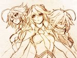  3girls ahoge ariarikapibara2 blazblue braid eyepatch eyes_closed lambda-11 monochrome multiple_girls noel_vermillion nu-13 single_braid small_breasts 