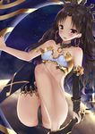  anklet armlet armor asymmetrical_legwear asymmetrical_sleeves bangs bikini_armor black_hair black_panties bra breasts bridal_gauntlets commentary crown earrings elbow_gloves fate/grand_order fate_(series) gloves hair_ribbon highres holding holding_weapon hoop_earrings invisible_chair ishtar_(fate/grand_order) jewelry long_hair long_legs looking_at_viewer medium_breasts navel neck_ring panties parted_lips red_eyes ribbon rong_yi_tan single_elbow_glove single_thighhigh sitting smile solo thighhighs two_side_up underwear underwear_only weapon white_bra 