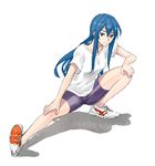  ankle_socks baggataway bike_shorts blue_eyes blue_hair commentary_request full_body gym_shirt hands_on_own_knees kohinata_iroha legs light_smile long_hair looking_at_viewer mole mole_under_eye shadow shihatsu_touko shirt shoes simple_background sneakers solo stretch white_background white_shirt 