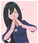  :&gt; artist_name asui_tsuyu black_eyes black_hair blue_shirt blush boku_no_hero_academia casual commentary covering_mouth dress_shirt frog hair_rings hand_over_own_mouth hands_together heart long_hair long_sleeves looking_at_viewer low-tied_long_hair one_eye_closed pink_background pink_shirt saku_(ladyfubuki) shirt simple_background solo steepled_fingers upper_body 