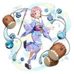  ball blush drum flower full_body hair_flower hair_ornament heel_raised highres holding instrument japanese_clothes kimono leg_up lisbeth lisbeth_(sao-alo) long_sleeves looking_at_viewer non-web_source obi official_art one_eye_closed open_mouth pink_eyes pink_hair platform_footwear pointy_ears rod sandals sash short_hair solo sword_art_online transparent_background 