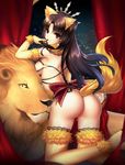  animal_ears arched_back ass bad_id bad_pixiv_id bangs black_hair bottomless breasts closed_mouth commentary convenient_head cosplay curtains dangerous_beast earrings elbow_gloves eyebrows_visible_through_hair fate/grand_order fate_(series) fox_ears fox_tail from_behind fur-trimmed_legwear fur_trim gloves hoop_earrings ishtar_(fate/grand_order) jewelry lion long_hair long_legs looking_at_viewer looking_back mallizmora mash_kyrielight mash_kyrielight_(cosplay) medium_breasts o-ring parted_bangs red_eyes revealing_clothes sideboob smile solo tail thighhighs thighs two_side_up yellow_legwear 