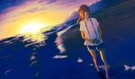  barefoot brown_hair camera goroku highres holding holding_camera looking_to_the_side ocean original scenery seascape shirt short_shorts short_sleeves shorts signature solo sunset wading white_shirt 