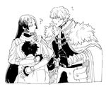  2boys ? breast_smother cape fate/extra fate/grand_order fate_(series) flying_sweatdrops fujimaru_ritsuka_(male) fur_trim gawain_(fate/extra) gawain_(fate/grand_order) gloves greyscale hug long_hair looking_at_another minamoto_no_raikou_(fate/grand_order) monochrome multiple_boys open_mouth simple_background smile white_background 