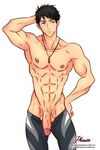  1boy black_hair blue_eyes blush flaccid free! looking_away male_focus penis phausto solo topless undressing yamazaki_sousuke 