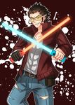  black_hair denim dual_wielding energy_sword eyewear_on_head gloves highres holding holding_weapon jacket looking_at_viewer male_focus nintendo_switch no_more_heroes solo sunglasses sword travis_touchdown weapon 