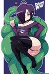  1girl ass bare_shoulders bigdead93 black_legwear blue_eyes boots breasts cleavage drill_hair hair_ornament hair_over_one_eye heart long_hair off-shoulder_sweater purple_hair solo sweater tentacle thighhighs zone-tan 
