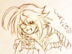  ariarikapibara2 blazblue braid eyepatch fingers_together monochrome nu-13 open_mouth single_braid sketch smile 