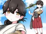  a5m aircraft airplane bad_id bad_pixiv_id black_hair brown_eyes cowboy_shot dougi flight_deck folded_ponytail gloves hakama_skirt highres japanese_clothes kantai_collection kasuga_maru_(kantai_collection) long_hair looking_at_viewer red_skirt saku_(sengetsudo) skirt solo taiyou_(kantai_collection) 