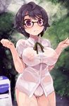  black-framed_eyewear black_hair blush breasts closed_mouth forest glasses green_ribbon large_breasts lillithlauda looking_at_viewer nature original panties purple_eyes ribbon see-through shirt short_hair short_sleeves solo underwear w_arms wet wet_clothes wet_shirt white_panties 