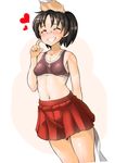  ^_^ arm_behind_back bandaid bandaid_on_nose blush breasts brown_hair closed_eyes collarbone covered_nipples grin hand_on_another's_head heart highres kantai_collection motion_lines nagara_(kantai_collection) navel petting pleated_skirt red_skirt ryuun_(stiil) short_hair side_ponytail skirt small_breasts smile solo_focus sports_bra tan white_background 
