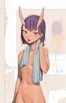  bathroom blue_towel breasts cowboy_shot eyebrows_visible_through_hair eyeliner fate/grand_order fate_(series) highres horns indoors looking_at_viewer makeup mirror navel oni oni_horns open_mouth out-of-frame_censoring purple_eyes purple_hair reflection revision short_hair shower_head shuten_douji_(fate/grand_order) small_breasts solo standing tim_loechner towel towel_around_neck wet wet_hair 