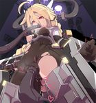  1girl ahoge blazblue blonde_hair bodysuit braid breasts infraton lambda-11 mecha_musume oral red_eyes single_braid solo text thighhighs torn_clothes vaginal very_long_hair 