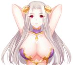  arms_behind_head arms_up breasts chain choker collarbone commentary_request demon_horns fate/grand_order fate_(series) frilled_choker frills gekka_nanako halloween_princess_(fate/grand_order) highres horns irisviel_von_einzbern large_breasts long_hair looking_at_viewer nipple_slip nipples parted_lips red_eyes simple_background solo upper_body white_background white_hair 