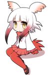  bangs blunt_bangs chibi gloves head_wings japanese_crested_ibis_(kemono_friends) kemono_friends long_sleeves looking_at_viewer multicolored_hair open_mouth osaragi_mitama pantyhose red_hair red_legwear simple_background skirt solo tail two-tone_hair white_background white_hair yellow_eyes 