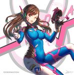  ;) bangs blue_bodysuit bodysuit breasts brown_eyes brown_hair commentary_request d.va_(overwatch) facepaint facial_mark gun headphones holding holding_gun holding_weapon korean_commentary large_breasts long_hair looking_at_viewer metto one_eye_closed overwatch parted_lips pilot_suit ribbed_bodysuit skin_tight smile solo swept_bangs weapon whisker_markings 