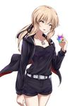  artoria_pendragon_(all) bad_id bad_pixiv_id belt black_jacket black_ribbon black_shirt black_shorts blonde_hair cowboy_shot fate/grand_order fate_(series) green_eyes hair_ribbon holding hood hooded_jacket jacket jewelry long_hair looking_at_viewer low_ponytail multicolored multicolored_eyes necklace open_clothes open_jacket ribbon saber_alter shirt shiunnkaku short_shorts shorts solo white_background yellow_eyes 