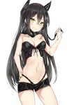  :&gt; bangs bare_shoulders bikini black_bikini black_hair black_shorts blush breasts closed_mouth collarbone commentary_request contrapposto cowboy_shot eyebrows_visible_through_hair girls_frontline hair_between_eyes hand_on_hip hand_up headgear highleg highleg_bikini highres judge_(girls_frontline) long_hair looking_at_viewer medium_breasts navel sangvis_ferri short_shorts shorts sidelocks silver_(chenwen) simple_background smile solo standing swimsuit thighs tsurime white_background yellow_eyes 