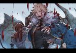  blonde_hair blood blood_on_face bloody_clothes blue_eyes cape cape_lift fate/extra fate/grand_order fate_(series) fujimaru_ritsuka_(male) fur_trim gawain_(fate/extra) gawain_(fate/grand_order) highres letterboxed lifted_by_self long_hair male_focus multiple_boys ogata_tomio outstretched_arm raining_blood shared_cape shared_clothes tears tristan_(fate/grand_order) uniform 