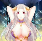  arms_behind_head arms_up breasts chain choker collarbone commentary_request demon_horns fate/grand_order fate_(series) frilled_choker frills gekka_nanako halloween_princess_(fate/grand_order) highres horns irisviel_von_einzbern large_breasts long_hair looking_at_viewer nipple_slip nipples parted_lips red_eyes solo upper_body white_hair 