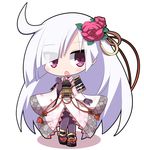 ahoge armor bangs blush chibi eyes_visible_through_hair flower full_body gloves hair_flower hair_ornament hair_over_one_eye japanese_clothes long_hair looking_at_viewer open_mouth osaragi_mitama oshiro_project oshiro_project_re pantyhose red_eyes shirakawa_komine_(oshiro_project) simple_background solo very_long_hair white_background white_hair 