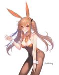  absurdres animal_ears black_bow black_legwear blush bow breasts brown_hair bunny_ears bunnysuit catbii closed_mouth detached_collar eyebrows_visible_through_hair girls_frontline hair_bow hand_on_own_leg highres large_breasts leaning_forward leotard light_smile long_hair looking_at_viewer necktie orange_neckwear panties pantyhose red_eyes red_leotard short_necktie signature sketch solo twintails twitter_username ump9_(girls_frontline) underwear very_long_hair white_background wing_collar wrist_cuffs 