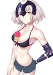  ahoge armor bare_shoulders besmiled between_breasts bikini_top black_bikini_top breasts cleavage commentary cowboy_shot denim denim_shorts eyebrows_visible_through_hair fate/grand_order fate_(series) flower front-tie_bikini front-tie_top gauntlets hand_on_own_thigh headpiece jeanne_d'arc_(alter)_(fate) jeanne_d'arc_(fate)_(all) looking_at_viewer medium_breasts navel red_flower red_rose rose short_hair shorts simple_background solo standing stomach white_background yellow_eyes 