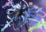  ass black_heart blue_eyes bodysuit breasts gauntlets greaves highres long_hair looking_at_viewer looking_back mechanical_wings medium_breasts neptune_(series) next_black shin_jigen_game_neptune_vii smile solo ss851251 sword symbol-shaped_pupils weapon white_hair wings 