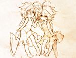  2girls ahoge ariarikapibara2 blazblue braid hand_holding lambda-11 monochrome multiple_girls nu-13 single_braid younger 