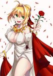 :d bangs blonde_hair blush bracelet breasts bridal_gauntlets cleavage commentary_request cowboy_shot dress fate/extra fate_(series) flower green_eyes hair_intakes hair_ribbon heroic_spirit_formal_dress highres jewelry large_breasts looking_at_viewer nero_claudius_(fate) nero_claudius_(fate)_(all) open_mouth petals red_flower red_rose ribbon rose rose_petals smile solo urayama_(backmountain) white_dress 