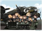  :d aircraft airplane b-17_flying_fortress black_footwear blonde_hair blue_eyes bomber brown_eyes brown_hair browning_m2 car commentary engine english fairy_(kantai_collection) ground_vehicle gun hair_between_eyes hat jeep kantai_collection kitsuneno_denpachi long_hair long_sleeves machine_gun military military_vehicle motor_vehicle multiple_girls open_mouth peaked_cap pleated_skirt propeller shoes short_hair skirt smile weapon 