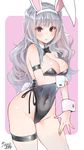  animal_ears arm_strap artist_name bangs bare_shoulders black_leotard blush breasts bunny_ears bunny_tail bunnysuit closed_mouth commentary_request contrapposto covered_navel cowboy_shot detached_collar eyebrows_visible_through_hair grey_hair highleg highleg_leotard idolmaster idolmaster_(classic) kawakami_masaki leotard long_hair looking_at_viewer medium_breasts red_eyes shijou_takane sidelocks signature solo standing tail thigh_strap tsurime wavy_hair wrist_cuffs 