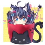 1girl :&lt; ahoge animal_ear_fluff animal_ears blue_bow blue_eyes blue_hair blush bow cat_ears chibi closed_mouth commentary_request cup hair_bow in_container in_cup long_hair minigirl multicolored_hair ooji_cha original plaid plaid_bow red_bow sidelocks solo streaked_hair twintails white_hair 