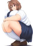  1girl breasts brown_hair eno_konoe fat full_body huge_breasts looking_at_viewer mikomu open_mouth original red_eyes skirt smile solo squatting thick_eyebrows thick_thighs 