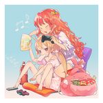  :3 :| ahoge aqua_background bag bangs bare_legs bare_shoulders barefoot beamed_sixteenth_notes between_legs blonde_hair blush chair closed_eyes closed_mouth coca-cola collarbone controller eighth_note eyebrows_visible_through_hair food food_in_mouth futaba_anzu game_controller gradient gradient_background hair_ornament holding holding_bag idolmaster idolmaster_cinderella_girls kitkat leaning_forward long_hair low_twintails matching_outfit moroboshi_kirari multiple_girls musical_note orange_hair oversized_clothes oversized_shirt playing_games pointing popsicle pouch reaching remote_control shirt sitting snack soda_bottle solid_oval_eyes star star_hair_ornament stuffed_animal stuffed_bunny stuffed_toy stuffing twintails uyori v-shaped_eyebrows very_long_hair wavy_hair white_shirt 