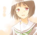  :d brown_hair green_neckwear hibike!_euphonium looking_at_viewer mole mole_under_eye nakaseko_kaori natsushi neckerchief open_mouth overexposure red_eyes school_uniform serafuku signature smile solo translated twitter_username upper_body 