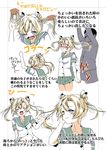  1girl abukuma_(kantai_collection) blonde_hair blue_eyes blush breasts clenched_hand closed_eyes comic commentary_request double_bun flying_sweatdrops hand_on_own_cheek hand_up hands_on_another's_head highres kantai_collection long_hair long_sleeves nose_blush one_eye_closed open_mouth pleated_skirt school_uniform serafuku shino_(ponjiyuusu) short_sleeves skirt skirt_flip small_breasts smile stick_figure sweatdrop translation_request twintails wide-eyed 