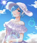  1girl bare_arms bare_shoulders blue_sky breasts chii_(sbshop) cloud collarbone commentary_request dress eyebrows_visible_through_hair frilled_dress frills hair_over_one_eye hat hat_ribbon kirishima_touka light_blue_hair looking_at_viewer medium_breasts open_eyes open_mouth prism ribbon shadow short_hair short_sleeves sky solo sun sun_hat sunlight tokyo_ghoul white_dress white_ribbon 