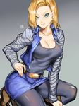  android_18 belt belt_buckle blonde_hair blue_eyes blue_skirt breasts brown_footwear buckle cleavage denim denim_jacket denim_skirt dragon_ball dragon_ball_z earrings gradient gradient_background grey_background highres jewelry kumiko_shiba looking_at_viewer md5_mismatch medium_breasts panties pantyhose parted_lips shirt shoes short_hair skirt smile solo squatting striped striped_shirt thighs underwear 