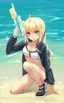  &gt;:) ahoge aqua_hair artoria_pendragon_(all) artoria_pendragon_(swimsuit_archer) bangs beach bikini black_jacket blonde_hair blush breasts cleavage closed_mouth commentary_request day fate/grand_order fate_(series) jacket kneeling long_hair long_sleeves looking_at_viewer low_ponytail medium_breasts navel one_knee open_clothes open_jacket smile solo stomach swimsuit trigger_discipline v-shaped_eyebrows water_gun white_bikini yuemanhuaikong 