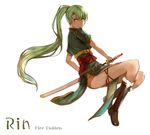  absurdres akuria boots character_name copyright_name dress earrings fire_emblem fire_emblem:_rekka_no_ken full_body fur_trim green_eyes green_hair hair_between_eyes highres jewelry katana long_hair looking_at_viewer lyndis_(fire_emblem) pelvic_curtain ponytail sash scabbard sheath short_sleeves simple_background smile solo sword unsheathing weapon white_background 