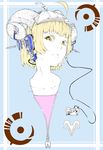  bangs blonde_hair blue_background closed_mouth commentary_request hat headphones highres horizontal_pupils horns jaco logo looking_at_viewer media_player original pale_color short_hair solo upper_body yellow_eyes 