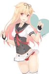  :d akizuki_(kantai_collection) akizuki_(kantai_collection)_(cosplay) alternate_costume ass_visible_through_thighs bangs blonde_hair blush breasts choker collarbone commentary_request cosplay dan_(kumadan) dated hair_flaps hair_ornament hair_ribbon hairclip highres kantai_collection long_hair looking_at_viewer medium_breasts microskirt open_mouth panties pantyshot pantyshot_(standing) red_eyes red_panties remodel_(kantai_collection) revision ribbon sailor_collar short_sleeves simple_background skirt smile solo standing thigh_gap thighhighs twitter_username underwear white_background white_legwear yuudachi_(kantai_collection) 